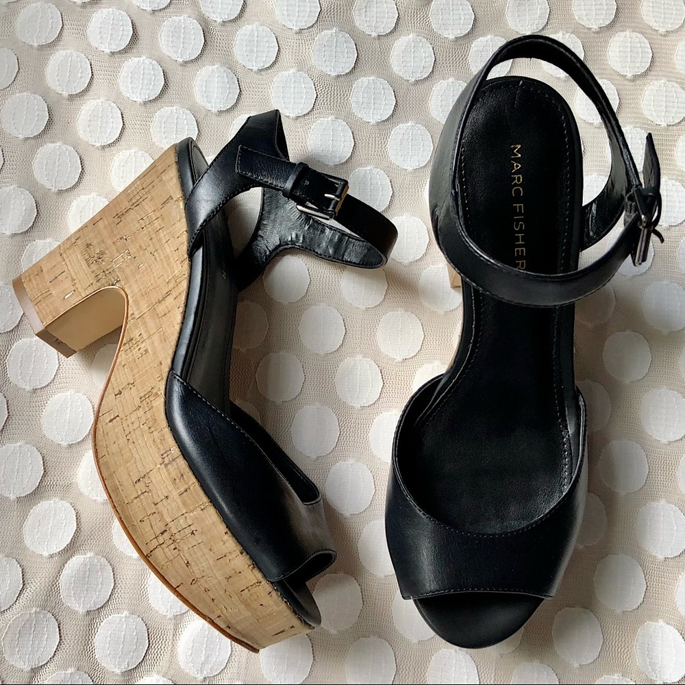 MARC FISHER Calie Leather Cork Platform Sandals 🐞